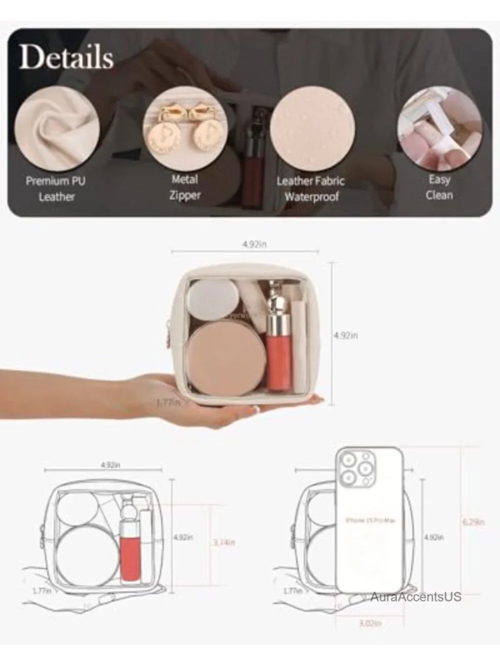Clear Makeup Bag with PU Leather Trim, Compact Travel Cosmetic Pouch